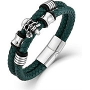 Mens Rose Skull Bracelet, Two Row Leather Braided Steel Skeleton Bracelet Wristband Bangle Gothic Punk Rock Jewelry for Men, 8.3 Inch