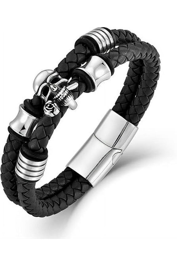 Mens Rose Skull Bracelet, Two Row Leather Braided Steel Skeleton Bracelet Wristband Bangle Gothic Punk Rock Jewelry for Men, 8.3 Inch