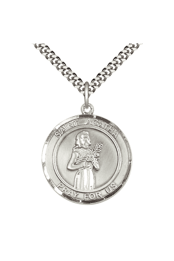 Mens Round .925 Sterling Silver Saint Agatha Medal Pendant on 24" Rhodium Plated Heavy Curb Brass Chain with Lobster Claw clasp, Catholic Religious Necklace -Made in USA- Velvet Gift Box