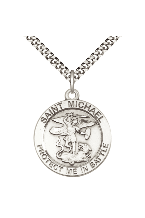 Mens Round .925 Sterling Silver St. Michael Guardian Angel Medal Pendant on 24" Rhodium Plated Heavy Curb Brass Chain w/ Lobster Claw Clasp,Catholic Religious Necklace-USA Made Gift Boxed