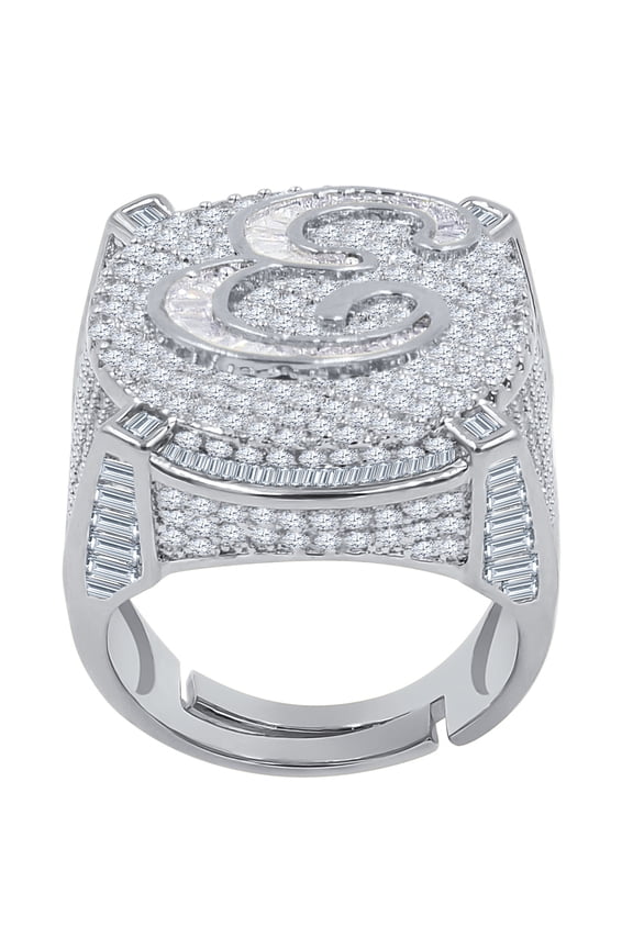 Mens Round Baguette Custom Designer Band White Gold Tone Simulated Diamond Initial Letter Alphabet "E" Ring