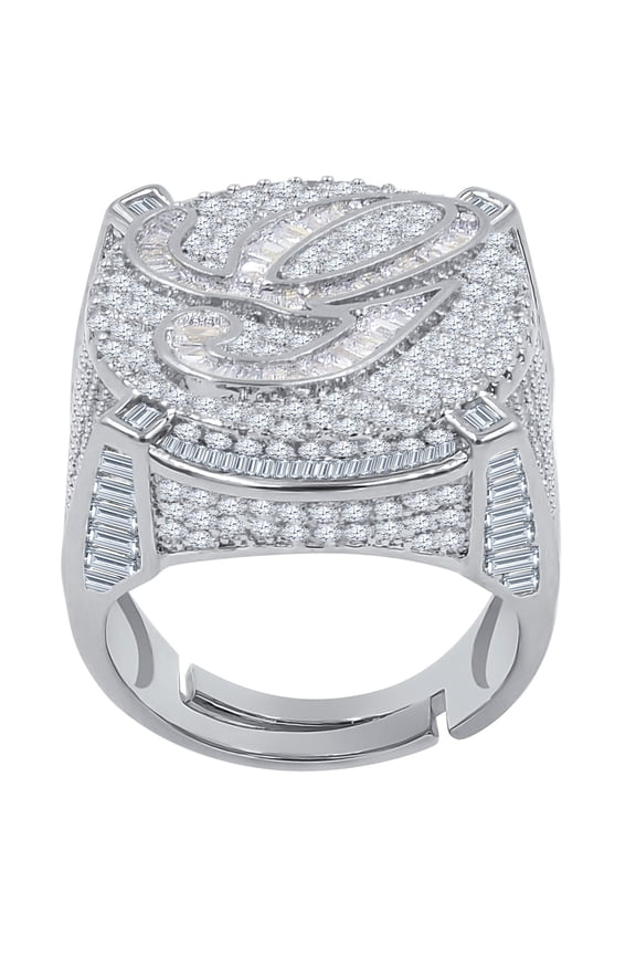 Mens Round Baguette Custom Designer Band White Gold Tone Simulated Diamond Initial Letter Alphabet "G" Ring