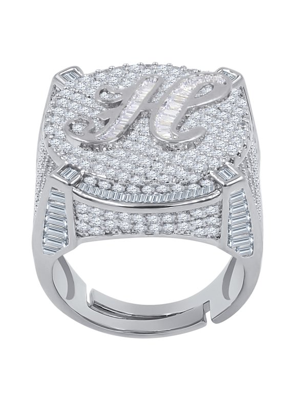 Mens Round Baguette Custom Designer Band White Gold Tone Simulated Diamond Initial Letter Alphabet "H" Ring