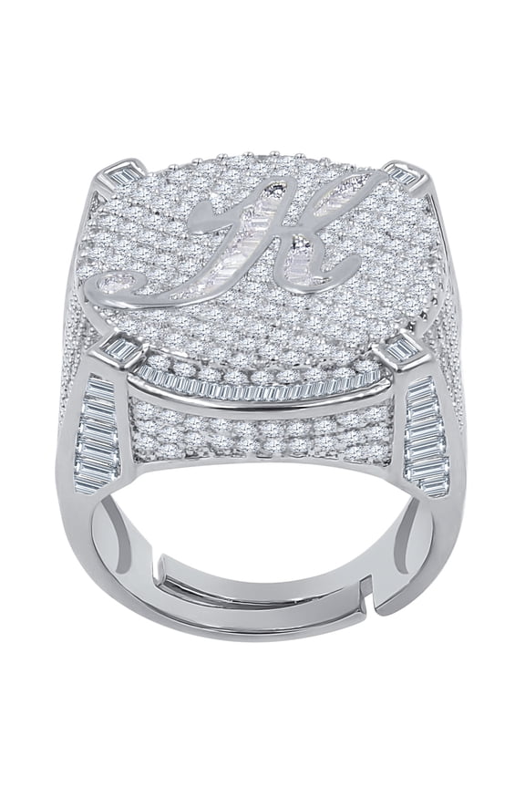 Mens Round Baguette Custom Designer Band White Gold Tone Simulated Diamond Initial Letter Alphabet "K" Ring