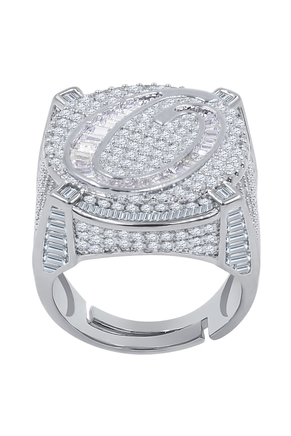 Mens Round Baguette Custom Designer Band White Gold Tone Simulated Diamond Initial Letter Alphabet "O" Ring