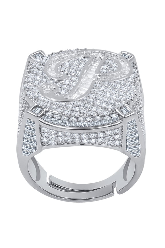 Mens Round Baguette Custom Designer Band White Gold Tone Simulated Diamond Initial Letter Alphabet "P" Ring