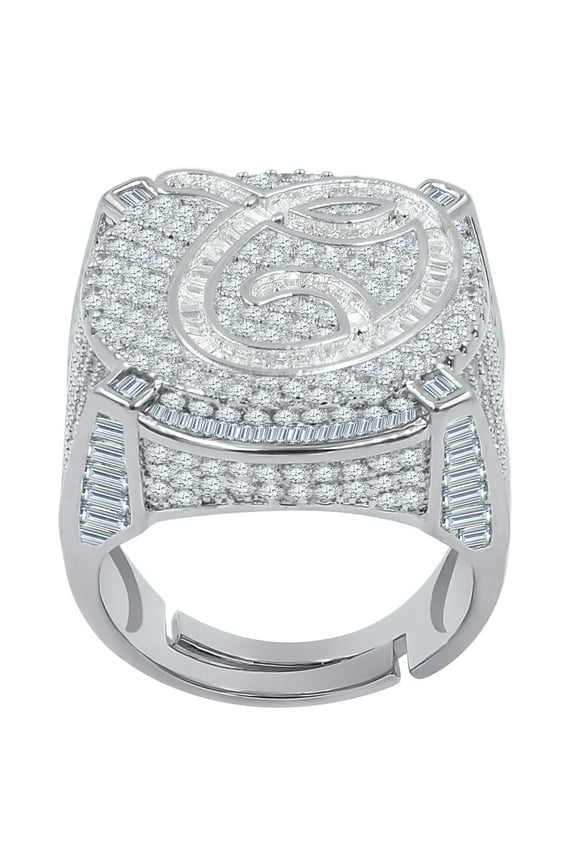 Mens Round Baguette Custom Designer Band White Gold Tone Simulated Diamond Initial Letter Alphabet "Q" Ring