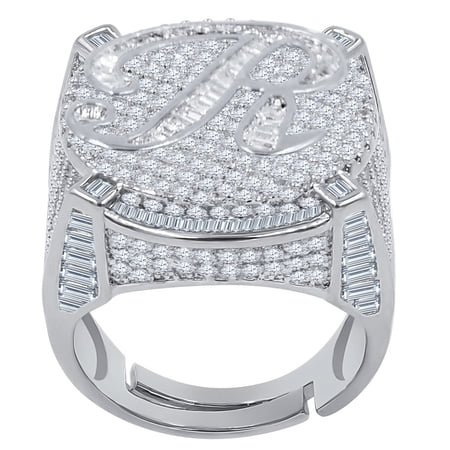 Mens Round Baguette Custom Designer Band White Gold Tone Simulated Diamond Initial Letter Alphabet "R" Ring