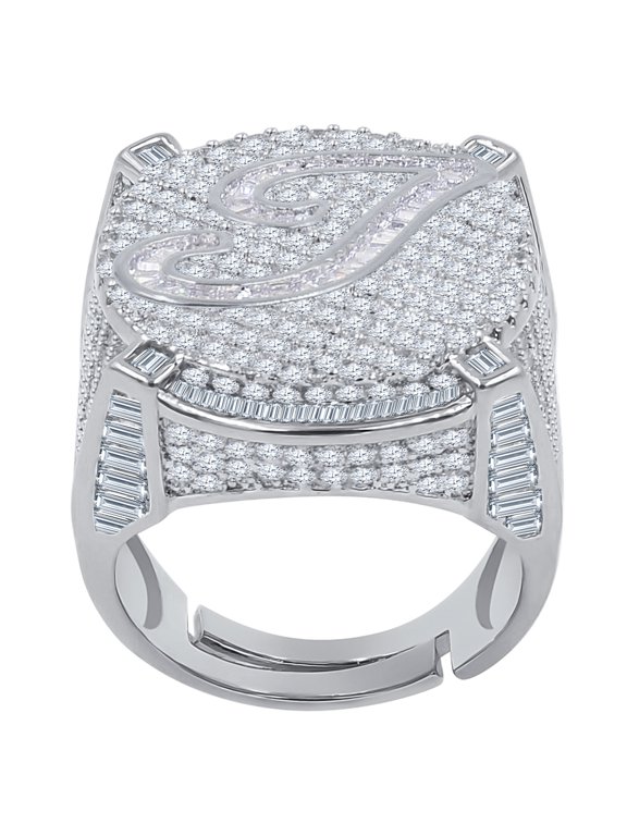 Mens Round Baguette Custom Designer Band White Gold Tone Simulated Diamond Initial Letter Alphabet "T" Ring
