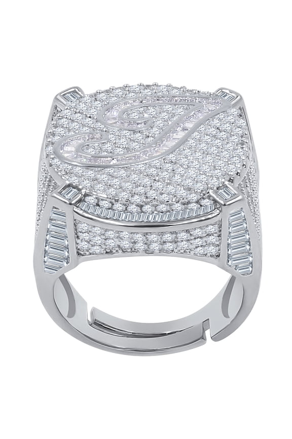 Mens Round Baguette Custom Designer Band White Gold Tone Simulated Diamond Initial Letter Alphabet "T" Ring