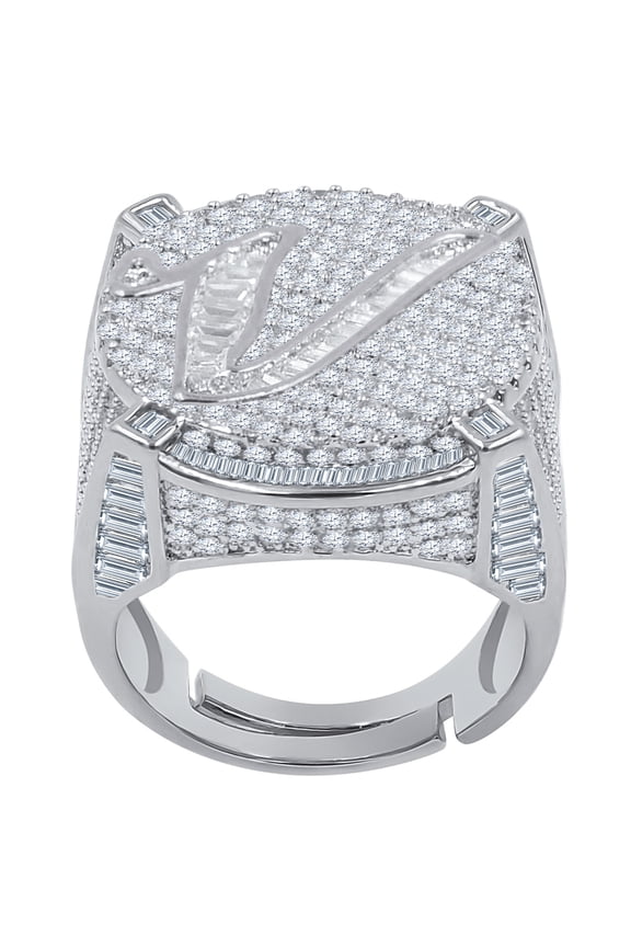 Mens Round Baguette Custom Designer Band White Gold Tone Simulated Diamond Initial Letter Alphabet "V" Ring