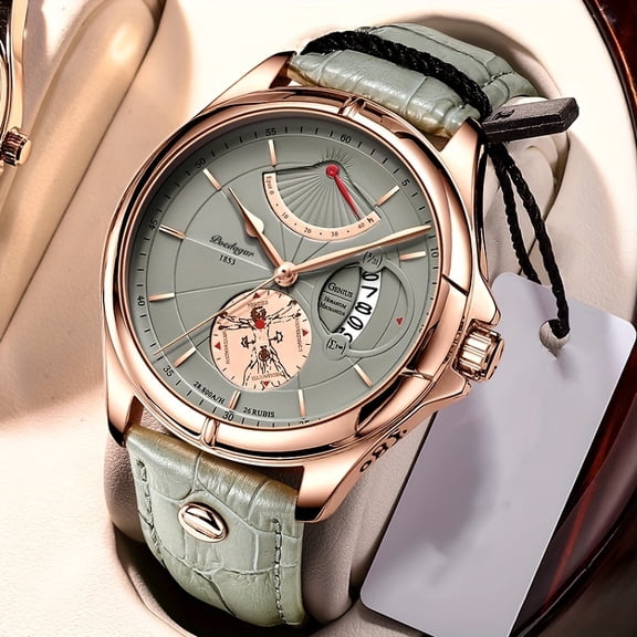 Mens Round Face Leather Strap Quartz Watch - Date Display, Electronic Movement, Alloy Case, Non-Waterproof, Casual Business Style Timepiece for Everyday Wear