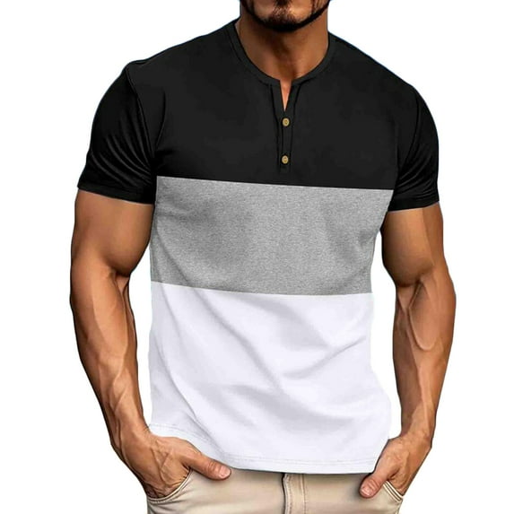 Mens Round Neck Short Sleeve T Shirt Color Block Pullover Henley Shirts Men Fashion Casual Loose Oversize Tops (Black M)