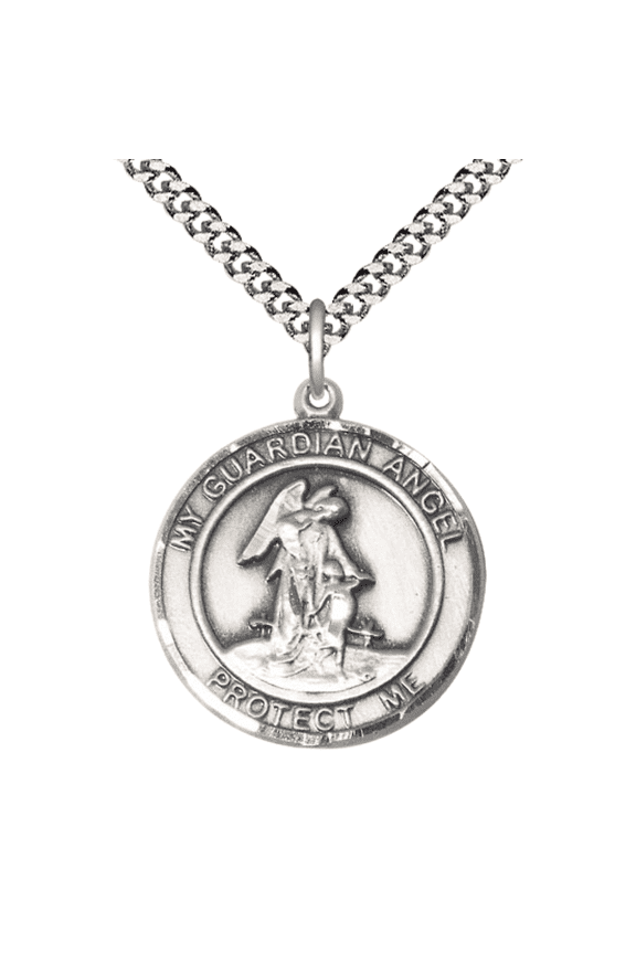 Mens Round Pewter 1 x 7/8 Guardian Angel Medal Pendant with Rhodium Plated Heavy Curb Brass Chain with Lobster Claw Clasp, Catholic Religious Necklace -Made in USA-Velvet Gift Box