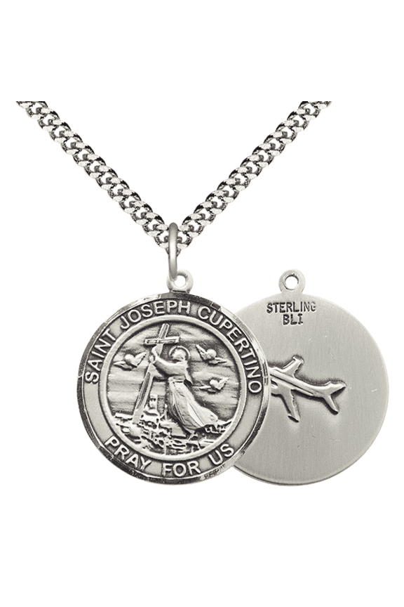 Mens Round Pewter Saint Joseph of Cupertino Medal Pendant on 24" Rhodium Plated Heavy Curb Brass Chain with Lobster Claw clasp, Catholic Religious Necklace -Made in USA- Velvet Gift Box