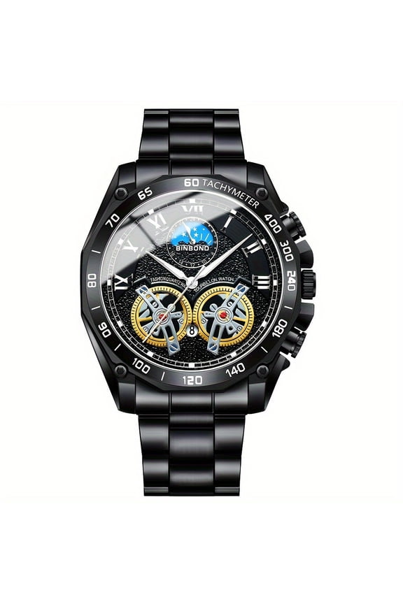 Mens Round Quartz Watch with Date, Stop-watch, and Night Light - Stainless Steel Strap, Alloy Case, Business Style, Water Resistant, Electronic Movement