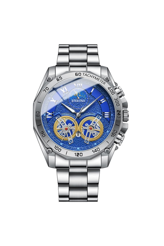 Mens Round Quartz Watch with Date, Stop-watch, and Night Light - Stainless Steel Strap, Alloy Case, Business Style, Water Resistant, Electronic Movement