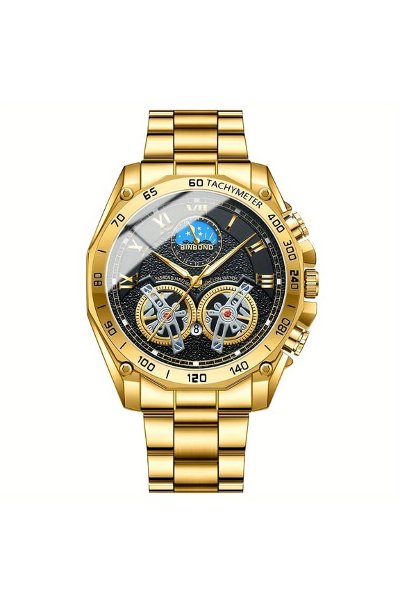 Mens Round Quartz Watch with Date, Stop-watch, and Night Light - Stainless Steel Strap, Alloy Case, Business Style, Water Resistant, Electronic Movement