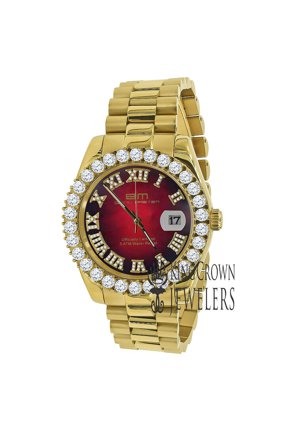 Mens Ruby Red Dial Solid Stainless Steel 18k Yellow Gold Tone Diamond Watch 42mm