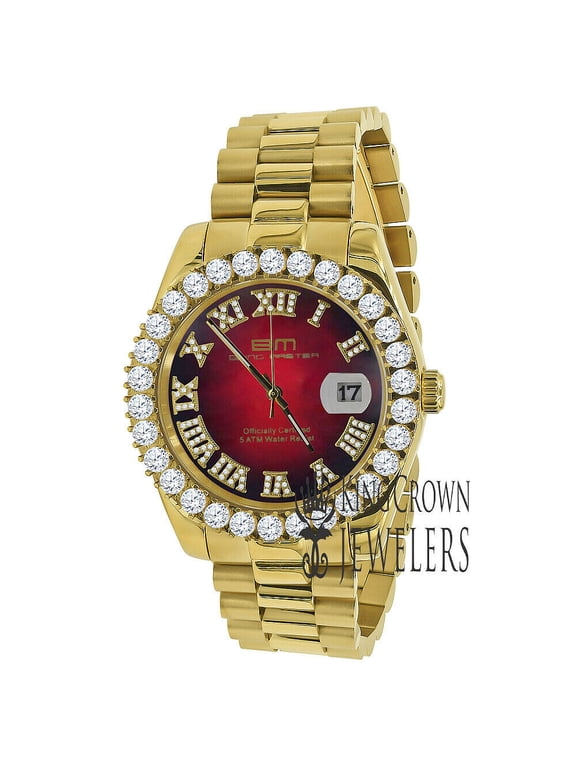 Mens Ruby Red Dial Solid Stainless Steel 18k Yellow Gold Tone Diamond Watch 42mm