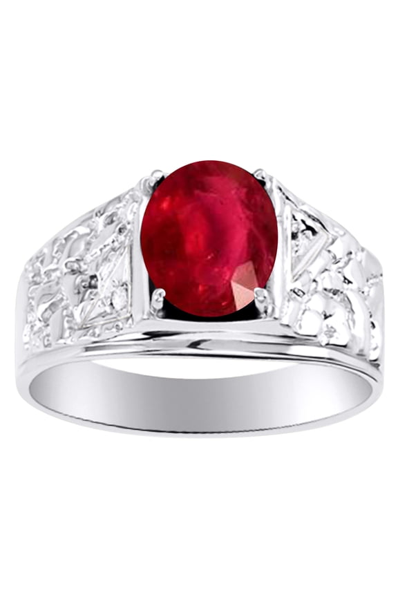 Mens Ruby & Diamond Ring Sterling Silver or Yellow Gold Plated Band