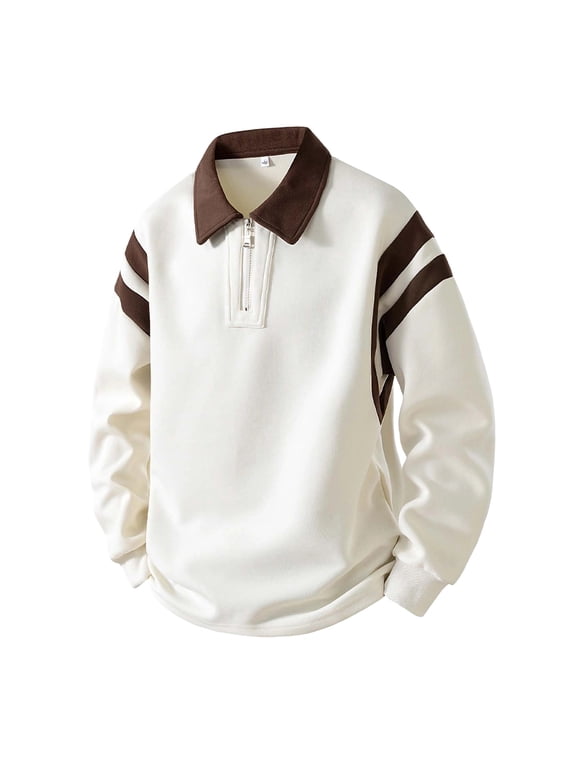 Mens Rugby Polos Shirts Long Sleeve Half Zip Color Block Pullover Tees Fashion Vintage Casual Street Sports Pullovers (XL, White)