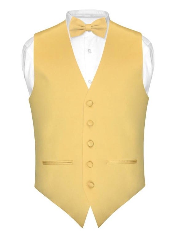 Mens SLIM FIT Dress Vest BowTie Solid GOLD Color Bow Tie Handkerchief Set 3XL