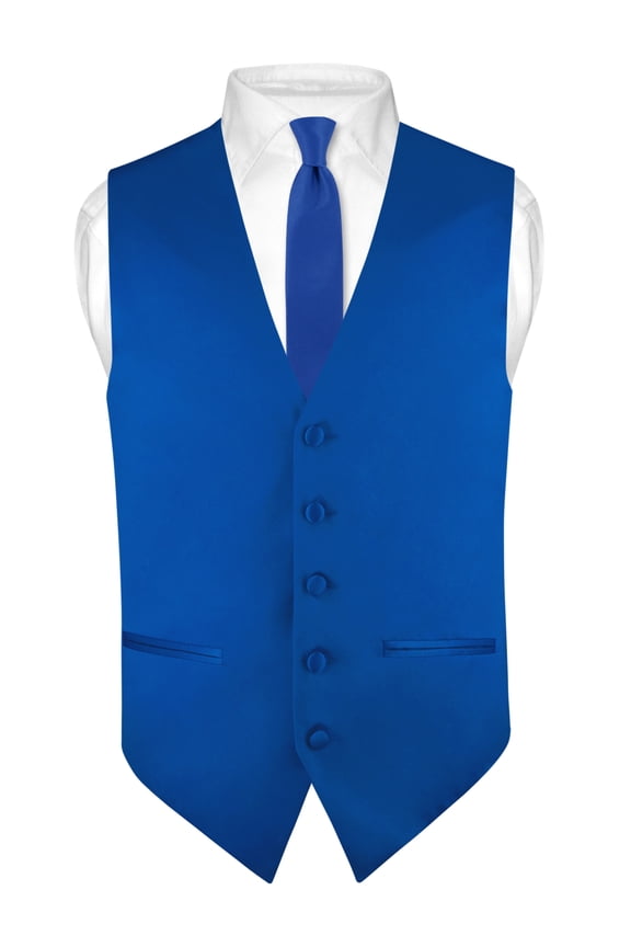 Mens SLIM FIT Dress Vest Skinny NeckTie Royal Blue 2.5" Neck Tie Hanky Set 3XL