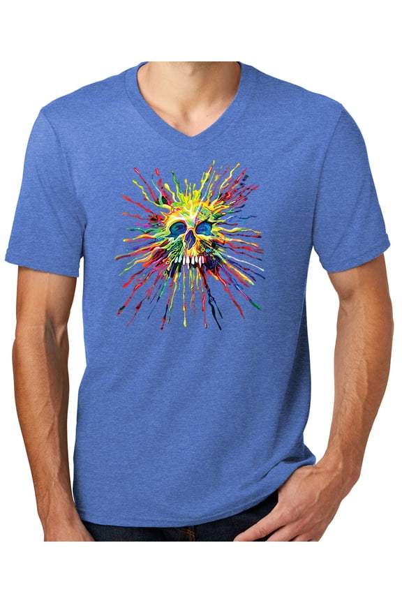 Mens SPLATTER SKULL Modern Slim Fit T-shirt, Small Heathered Royal