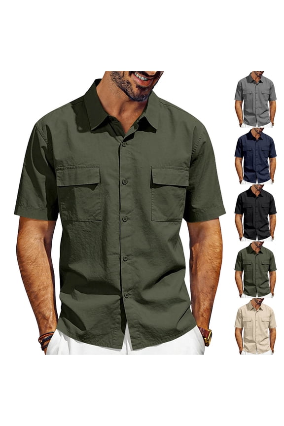 Mens Safari Shirt Cotton Linen Short Sleeve Button Down Summer Casual Beach Tropical Tops Lightweight Breathable Regular Fit Untucked with Flap Pockets