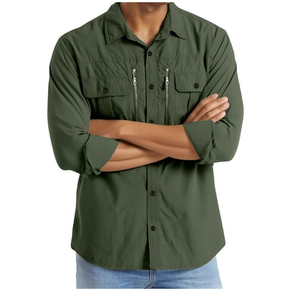 Mens Safari Shirts Long Sleeve UV Protection Hiking Fishing Shirt Lightweight Button Up Quick Dry Cooling Camping Work Shirts