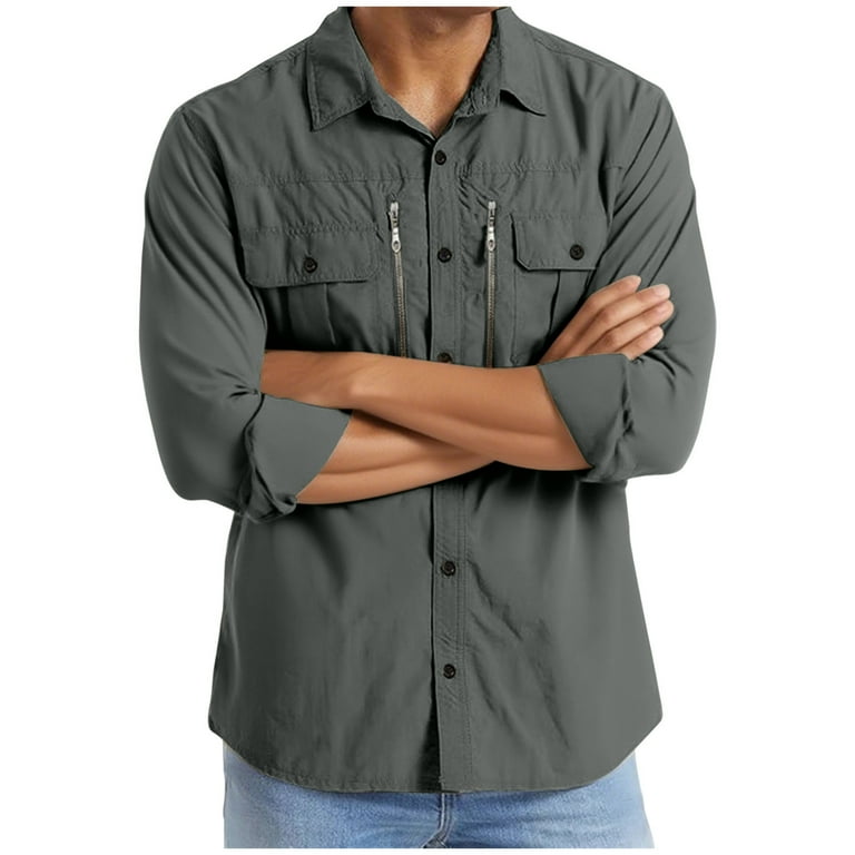 Mens Safari Shirts Long Sleeve UV Protection Hiking Fishing Shirt