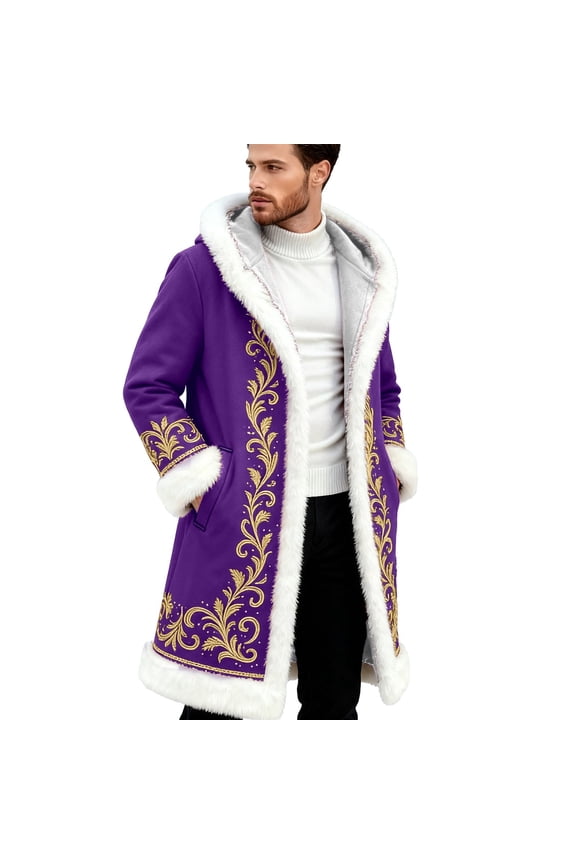 Mens Santa Coat Casual Christmas Cardigan Unisex Open Front Hooded No Zip Cozy Winter Printed Edge Warm Comfort Outerwear