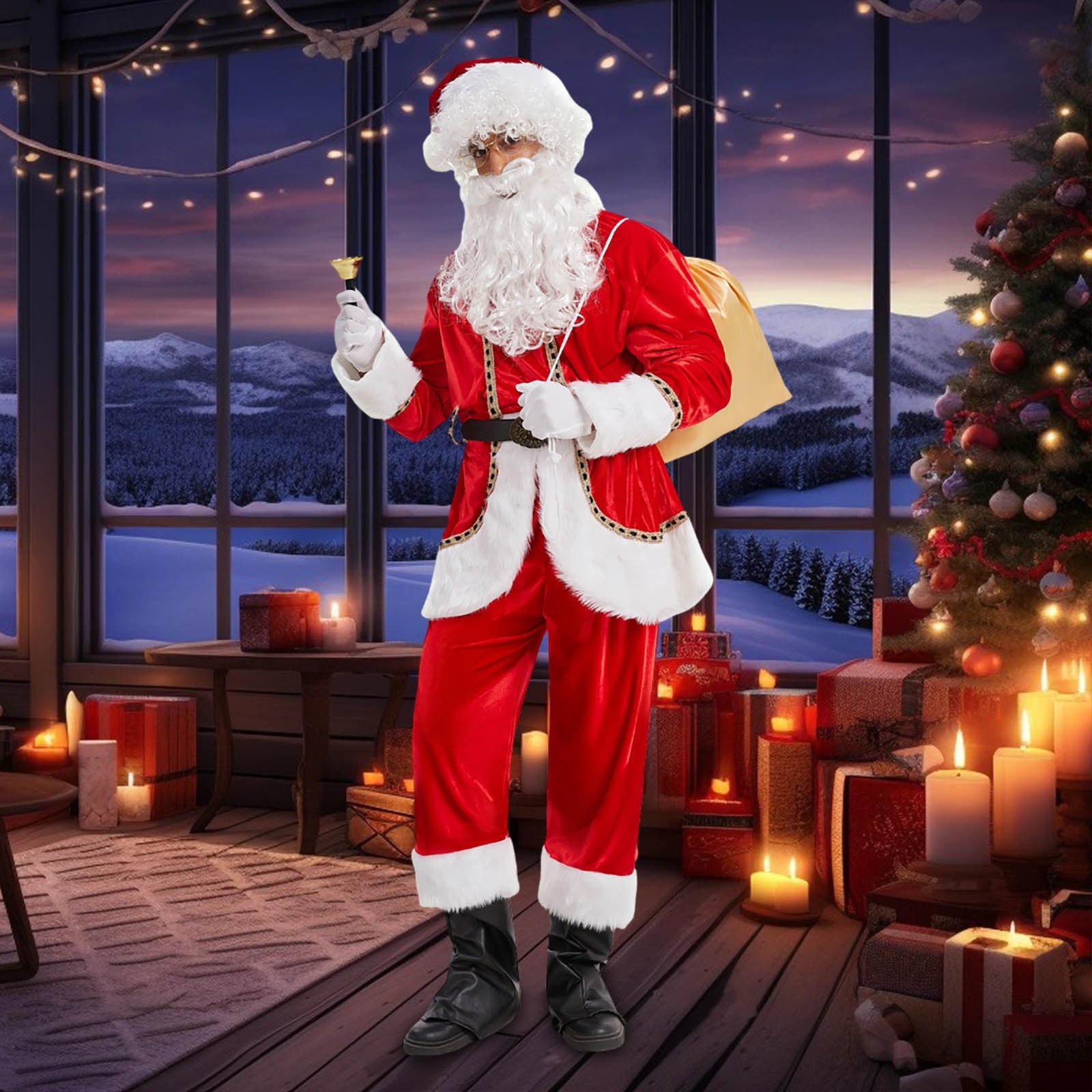 Mens Santa Suit Adult Santa Suit 9PCS Red Velvet Santa Outfit Set Men's ...