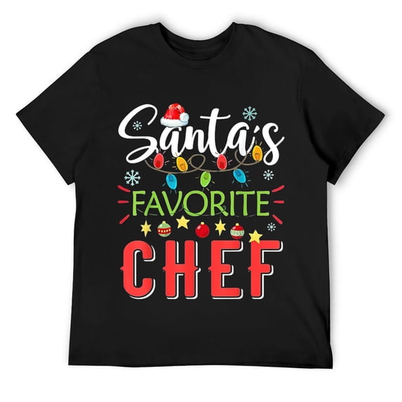 Mens Santa's Favorite Chef Xmas Light Santa Hat Christmas Gift T-Shirt Black