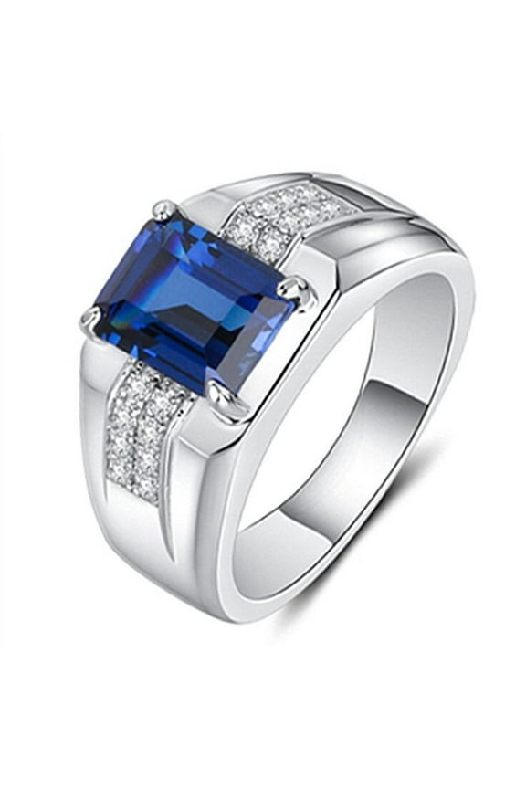 Mens Sapphire Ring, Emerald Cut Blue Sapphire Diamond Ring For Men, Signet Mens Ring, 14K White Gold Plated, 2.5 Ct Simulated Diamond And Sapphire, Anniversary Gift Ring For Husband
