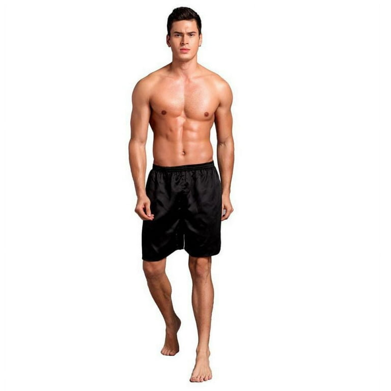 Mens Satin Boxer Shorts Silk Pajamas Shorts Sleepwear Boxers Underwear  Beach Shorts, Black, L