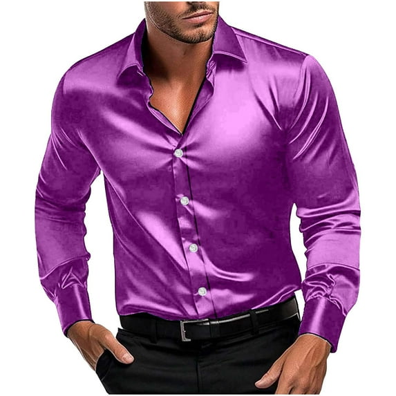 Mens Satin Long Sleeve Shirts Party Dancing Turndown Collar Shirt Vintage Solid Color Casual Blouse Tops