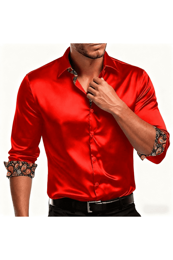 Mens Satin Paisley Contrast Long Sleeve Shirt Business Casual Dress Shirt Satin Button Up Shirts Prom Wedding Party Shirt