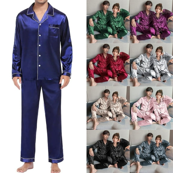 Mens Satin Pajama Set Long Sleeve Button Down Top with Pants Sleepwear