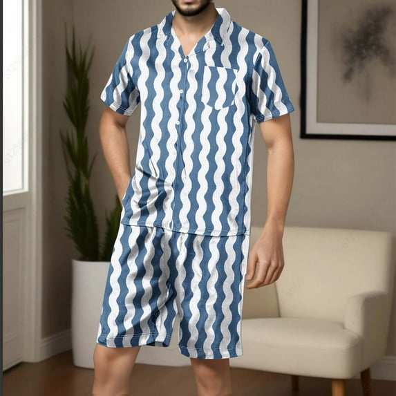 Mens Satin Pajama Sets with Pockets Lightweight 2 Piece Loungewear Outfits Stripe Printed Short Sleeve Shirts and Shorts Sleepwear Set