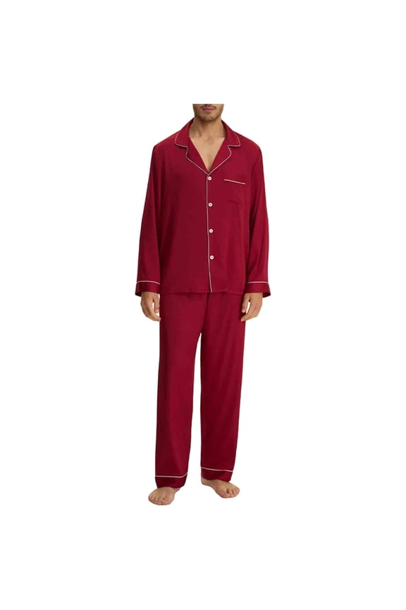 Mens Satin Pajamas Two Piece Sleepwear Sets Long Sleeve Button Down Silk Shirt Sleep Pants with Pockets Wine, L