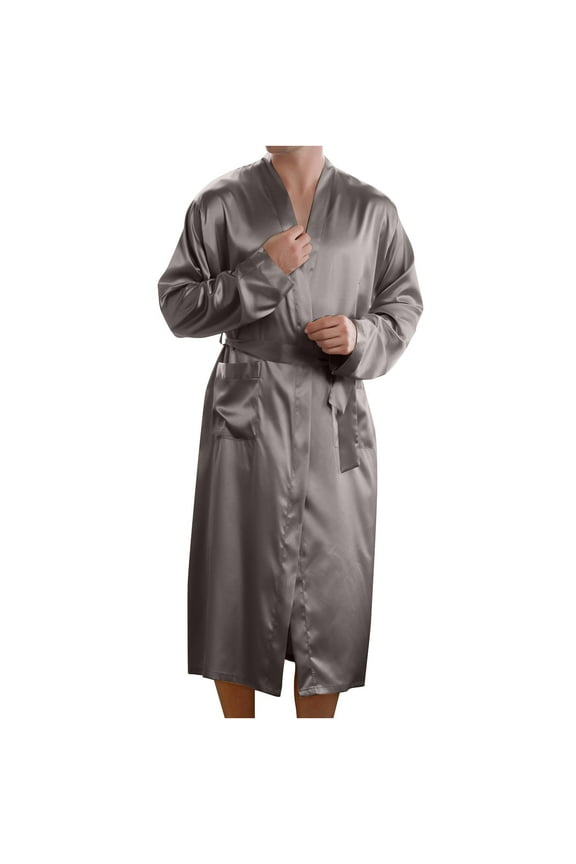 Mens Satin Robe Kimono Dressing Gown Lightweight Silk Long Sleeve Bathrobe with Belt and Pockets Dark Gray XXXL