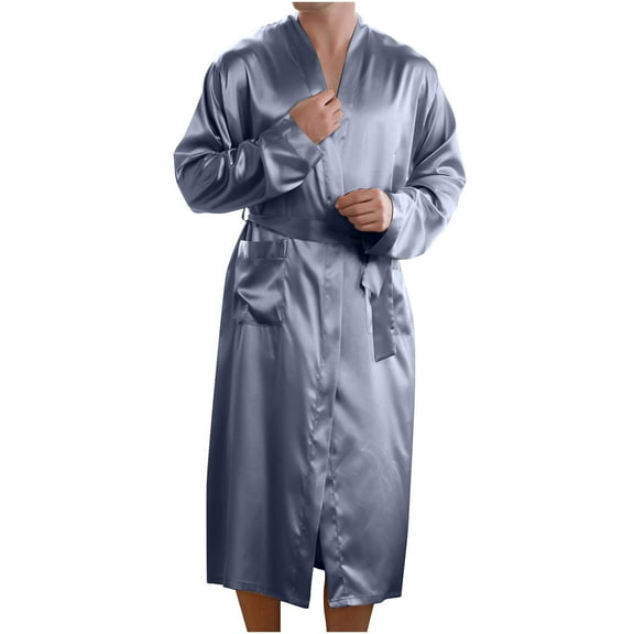 Mens Satin Robe Lightweight Silk Kimono Bathrobe Long Sleeve Open Front Spa Knee Length Loungewear with Pockets