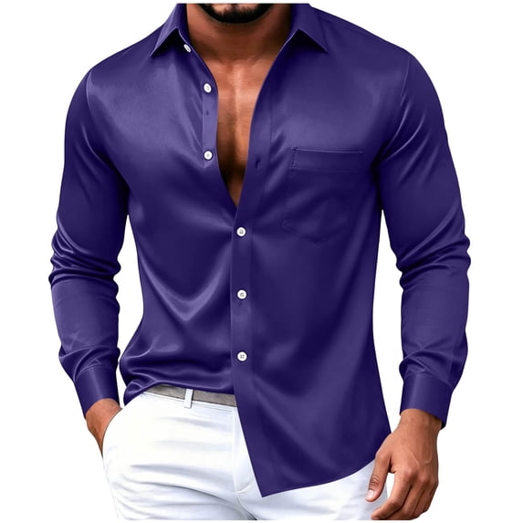Mens Satin Shirt with Long Sleeve Silk Like Casual Loose Fit Dress Button Down Shirts with Pocket Silky Wedding Party Disco Show Size 5XL Purple-A