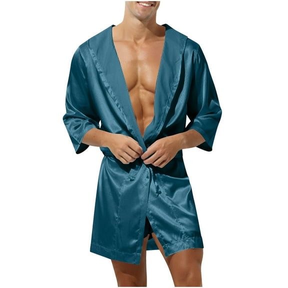Mens Satin Silk Bathrobe Fashion Short Kimono Robe Lightweight Comfort Loose Fit Sleepwear with Belt