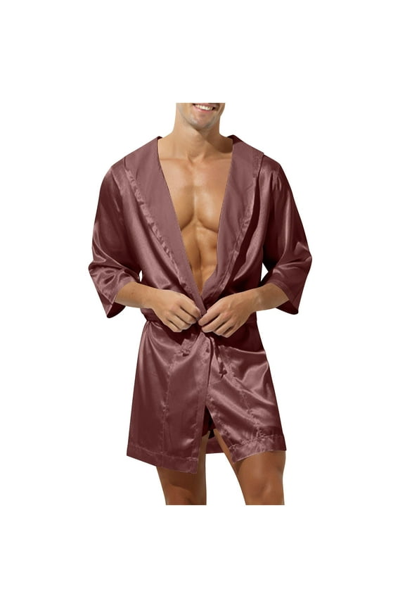 Mens Satin Silk Bathrobe Fashion Short Kimono Robe Lightweight Comfort Loose Fit Sleepwear with Belt