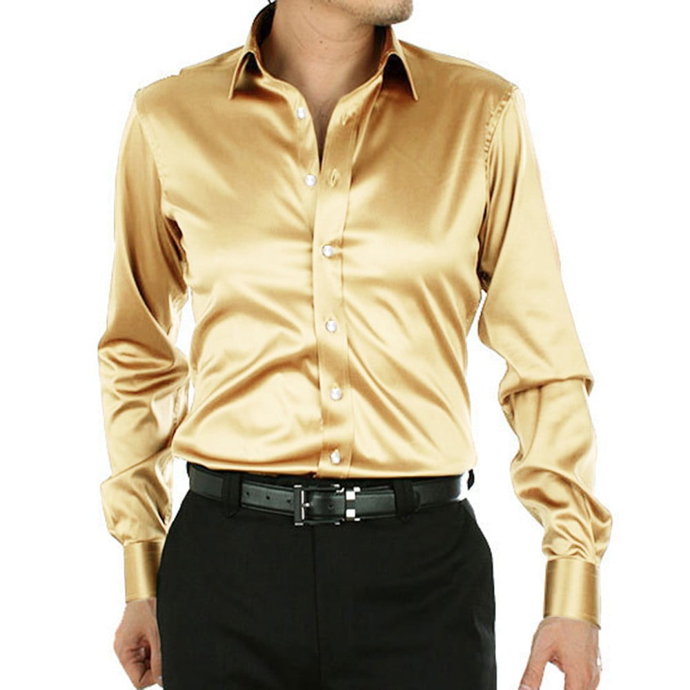 Mens Satin Silk Dress Shirt Long Sleeve Slim Business Formal