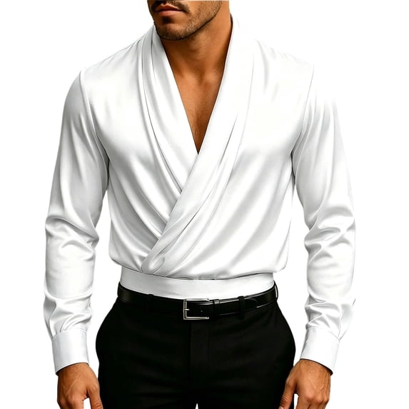Mens Satin Silk Dress Shirt Wrap V Neck Long Sleeve Shirt, Draped Ruched Loose Fit Solid Silky Pullover Top for Fall Club Party Evening Wear office Work Size 3XL White-A