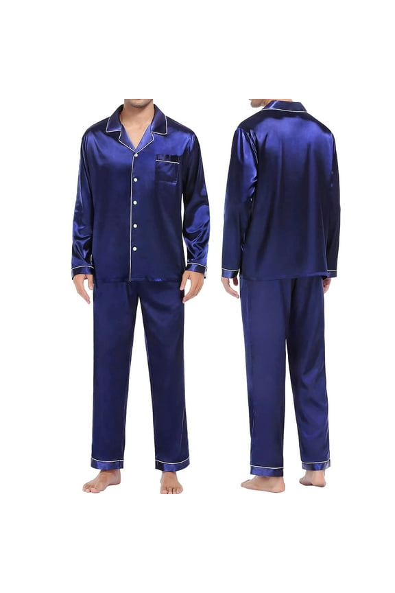 Mens Satin Silk Pajamas Set, Long Sleeve Satin Pajamas for Men Sleepwear Button Down Pjs Set Two-Piece Long Pants Sleepwear Loungewear Blue M